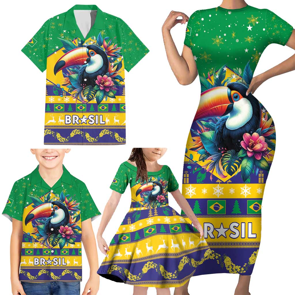 Brazil Christmas Family Matching Short Sleeve Bodycon Dress and Hawaiian Shirt Toco Toucan Flag Style - Wonder Print Shop