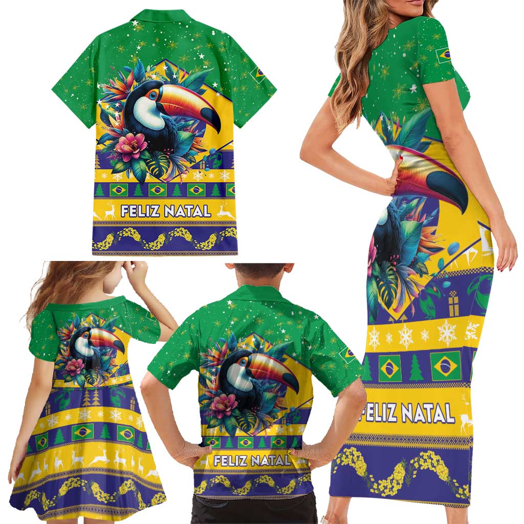 Brazil Christmas Family Matching Short Sleeve Bodycon Dress and Hawaiian Shirt Toco Toucan Flag Style - Wonder Print Shop