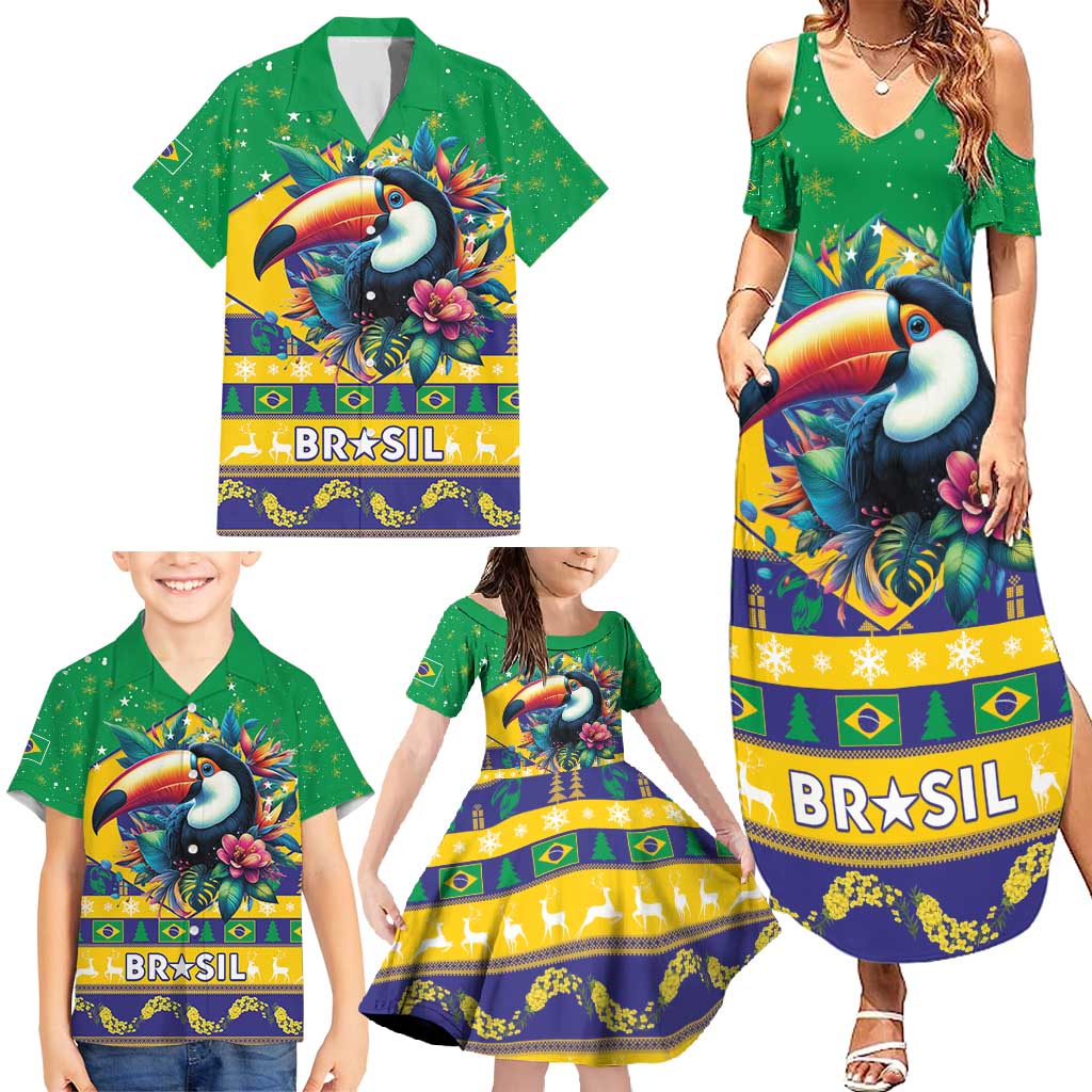 Brazil Christmas Family Matching Summer Maxi Dress and Hawaiian Shirt Toco Toucan Flag Style - Wonder Print Shop
