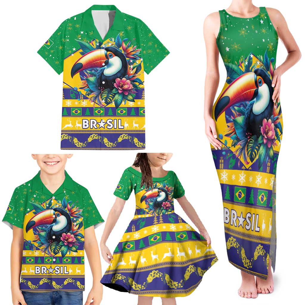 Brazil Christmas Family Matching Tank Maxi Dress and Hawaiian Shirt Toco Toucan Flag Style - Wonder Print Shop