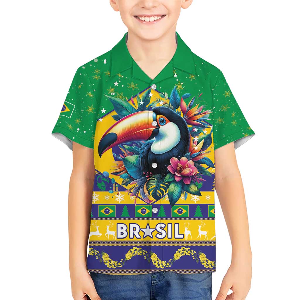 Brazil Christmas Kid Hawaiian Shirt Toco Toucan Flag Style - Wonder Print Shop