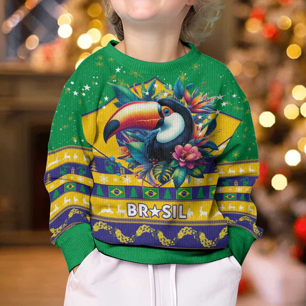 Brazil Christmas Kid Ugly Christmas Sweater Toco Toucan Flag Style - Wonder Print Shop