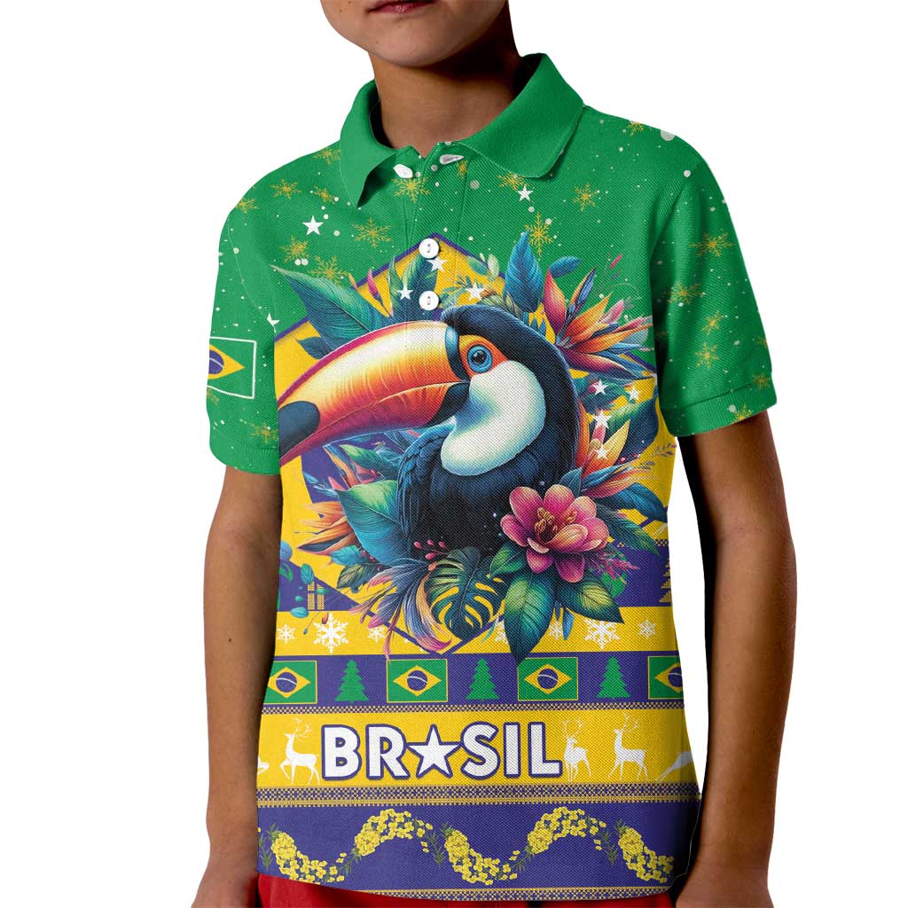 Brazil Christmas Kid Polo Shirt Toco Toucan Flag Style - Wonder Print Shop