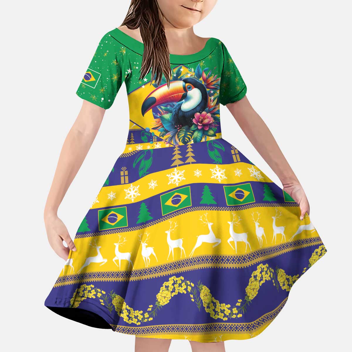 Brazil Christmas Kid Short Sleeve Dress Toco Toucan Flag Style - Wonder Print Shop