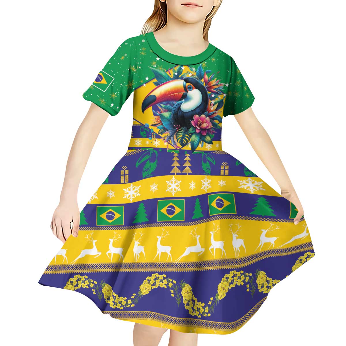 Brazil Christmas Kid Short Sleeve Dress Toco Toucan Flag Style - Wonder Print Shop