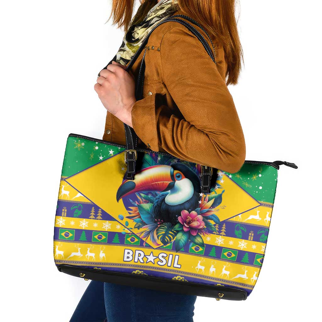 Brazil Christmas Leather Tote Bag Toco Toucan Flag Style - Wonder Print Shop