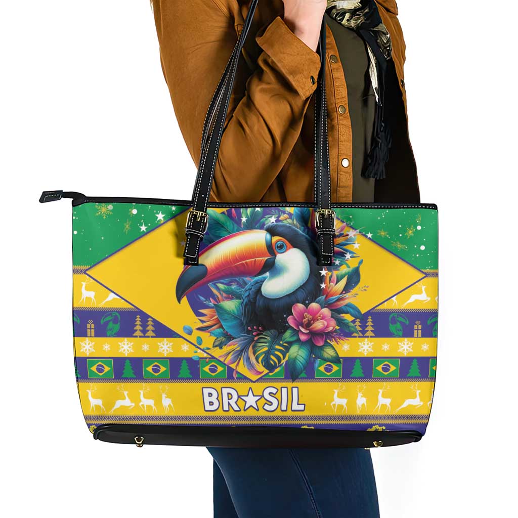 Brazil Christmas Leather Tote Bag Toco Toucan Flag Style - Wonder Print Shop