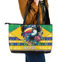 Brazil Christmas Leather Tote Bag Toco Toucan Flag Style - Wonder Print Shop