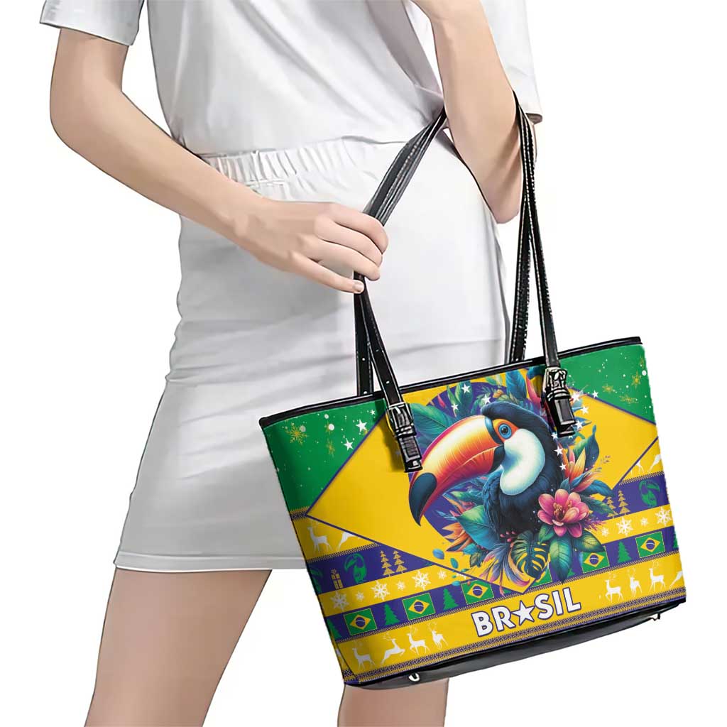 Brazil Christmas Leather Tote Bag Toco Toucan Flag Style - Wonder Print Shop