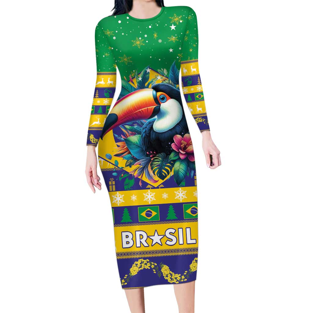 Brazil Christmas Long Sleeve Bodycon Dress Toco Toucan Flag Style - Wonder Print Shop