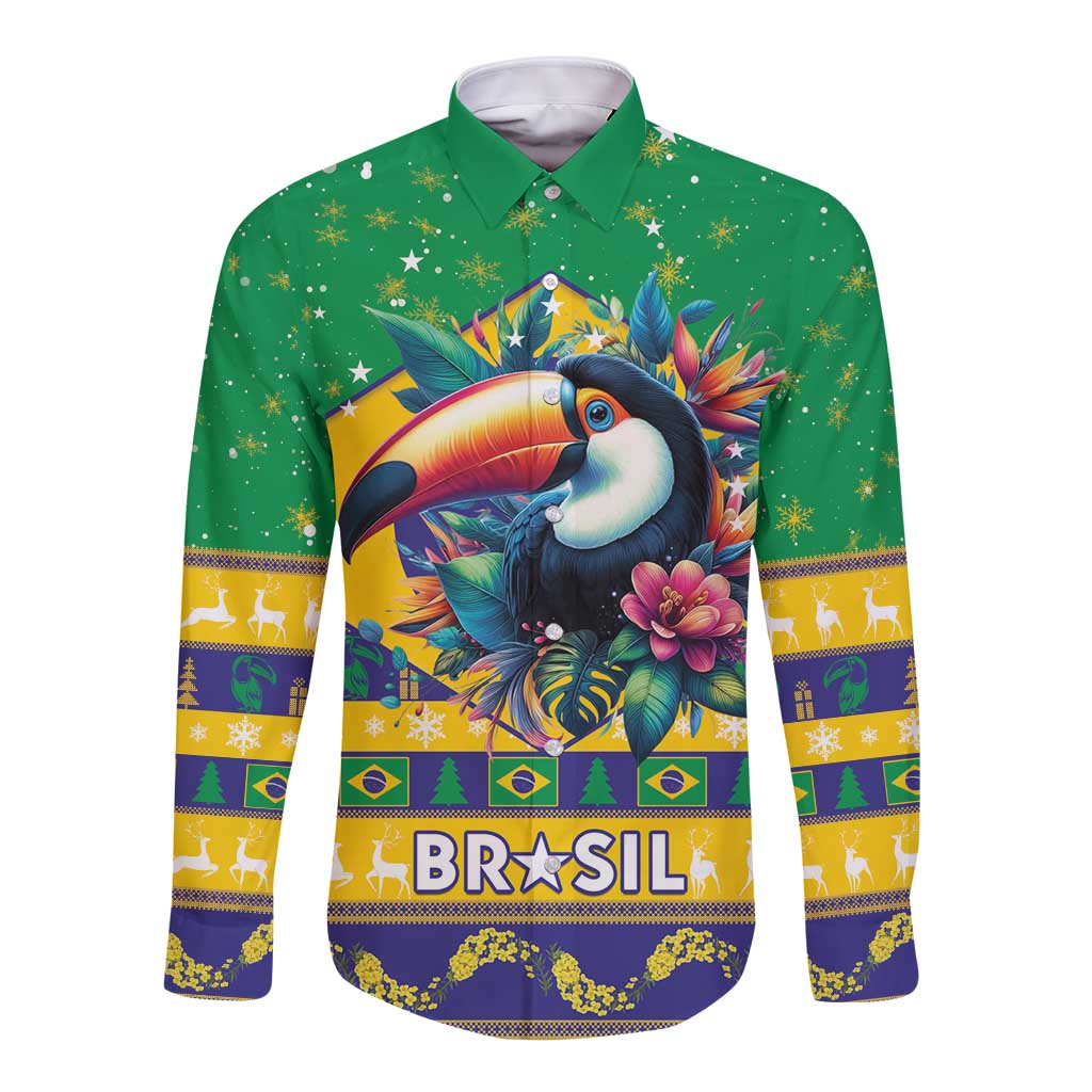 Brazil Christmas Long Sleeve Button Shirt Toco Toucan Flag Style - Wonder Print Shop