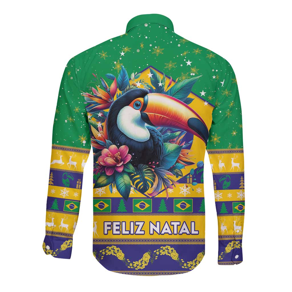 Brazil Christmas Long Sleeve Button Shirt Toco Toucan Flag Style - Wonder Print Shop