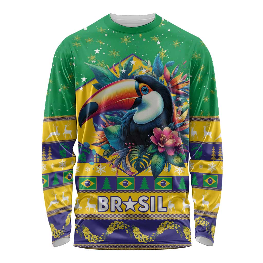 Brazil Christmas Long Sleeve Shirt Toco Toucan Flag Style - Wonder Print Shop