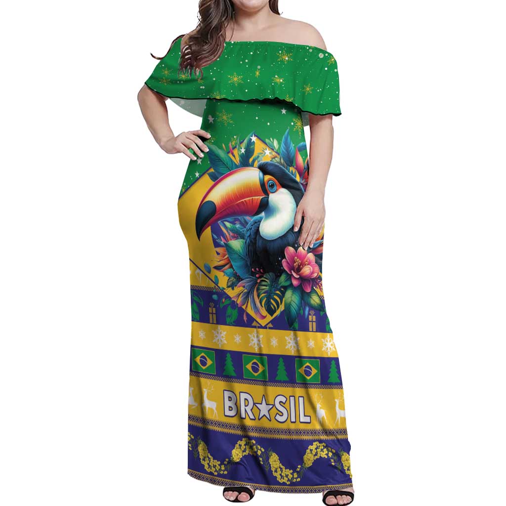 Brazil Christmas Off Shoulder Maxi Dress Toco Toucan Flag Style - Wonder Print Shop