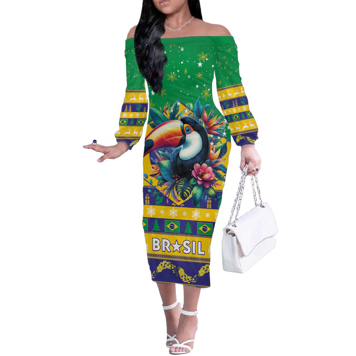 Brazil Christmas Off The Shoulder Long Sleeve Dress Toco Toucan Flag Style - Wonder Print Shop