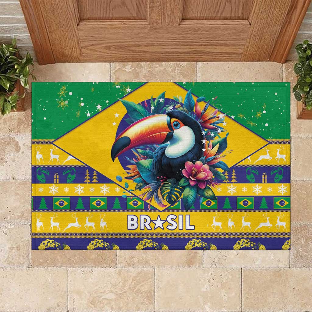 Brazil Christmas Rubber Doormat Toco Toucan Flag Style - Wonder Print Shop