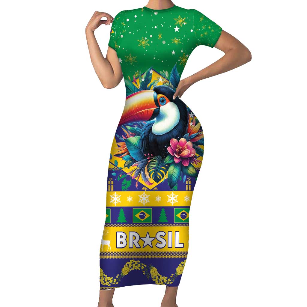 Brazil Christmas Short Sleeve Bodycon Dress Toco Toucan Flag Style - Wonder Print Shop