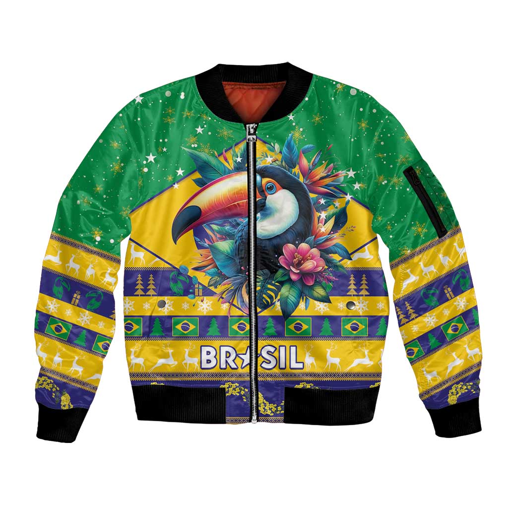 Brazil Christmas Sleeve Zip Bomber Jacket Toco Toucan Flag Style - Wonder Print Shop