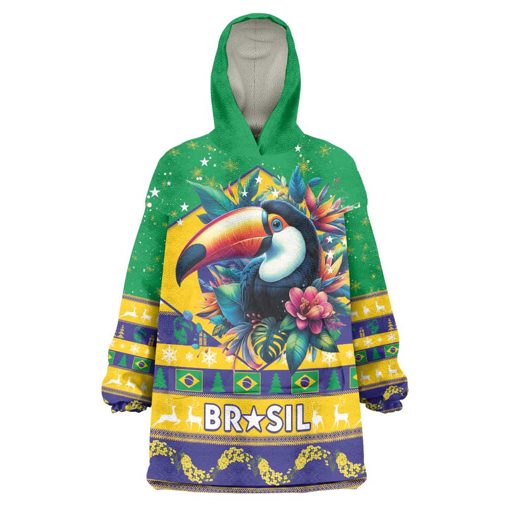 Brazil Christmas Wearable Blanket Hoodie Toco Toucan Flag Style - Wonder Print Shop