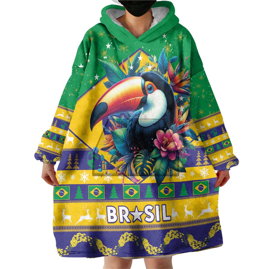 Brazil Christmas Wearable Blanket Hoodie Toco Toucan Flag Style - Wonder Print Shop
