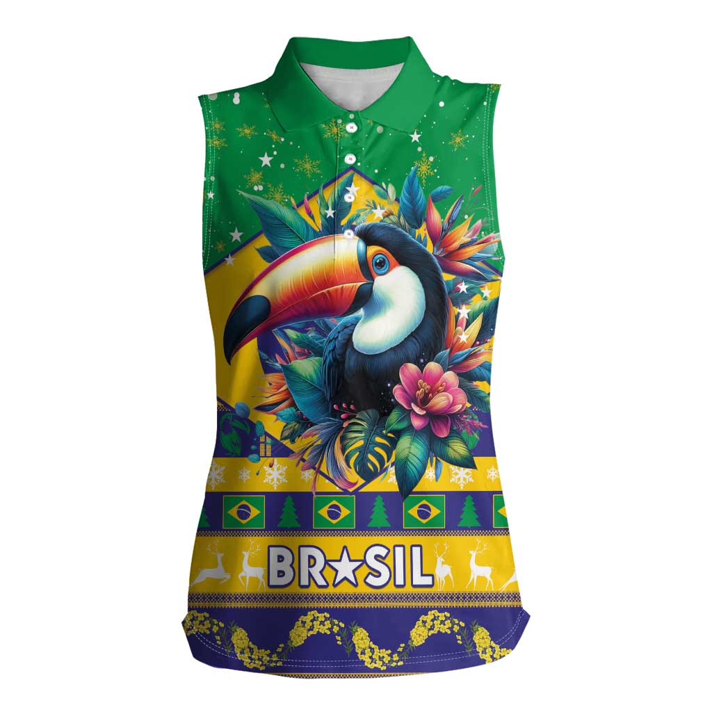 Brazil Christmas Women Sleeveless Polo Shirt Toco Toucan Flag Style - Wonder Print Shop