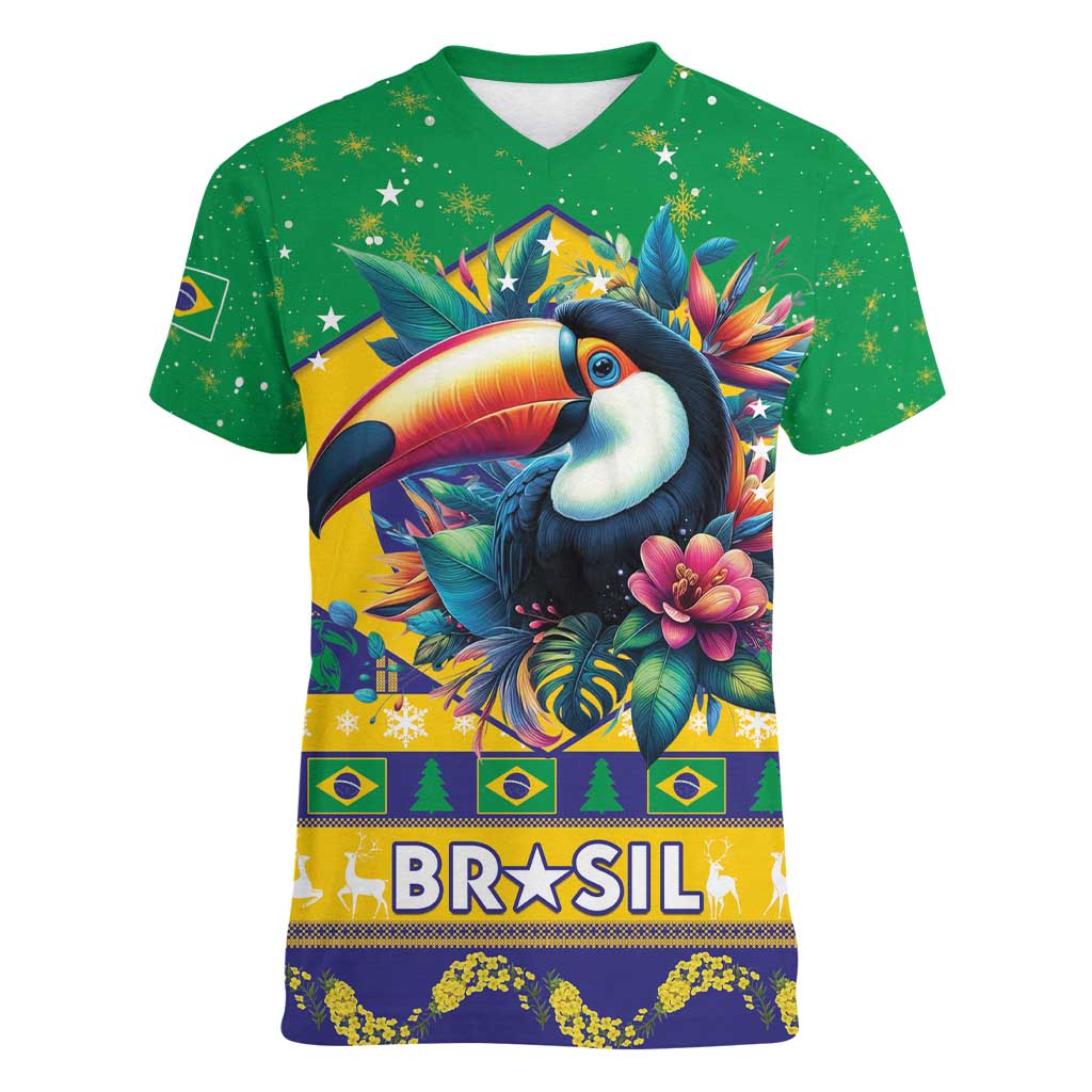 Brazil Christmas Women V-Neck T-Shirt Toco Toucan Flag Style - Wonder Print Shop