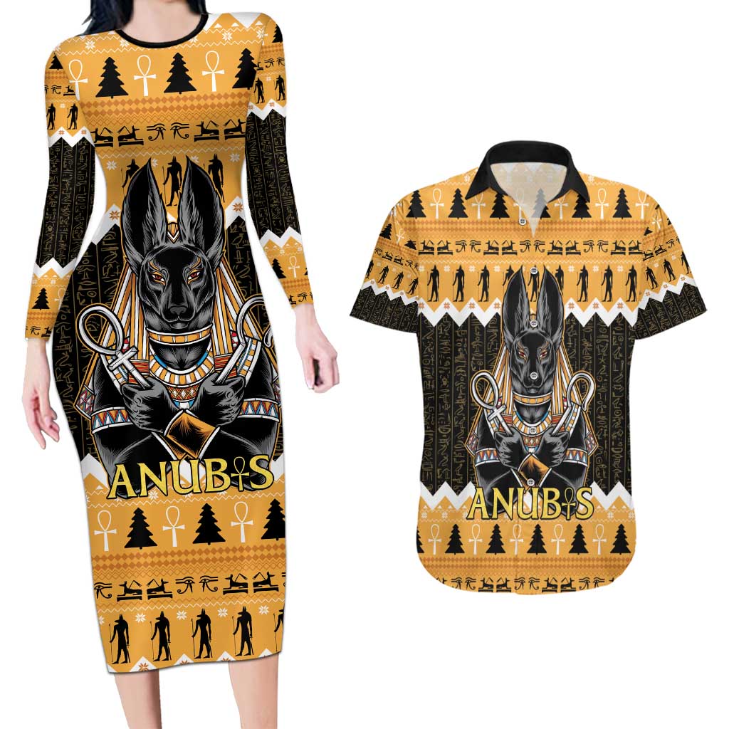 Ancient Egyptian Christmas Couples Matching Long Sleeve Bodycon Dress and Hawaiian Shirt Anubis Eid Milad Majid - Wonder Print Shop