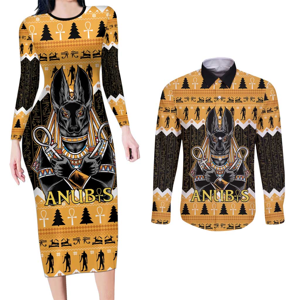 Ancient Egyptian Christmas Couples Matching Long Sleeve Bodycon Dress and Long Sleeve Button Shirt Anubis Eid Milad Majid - Wonder Print Shop