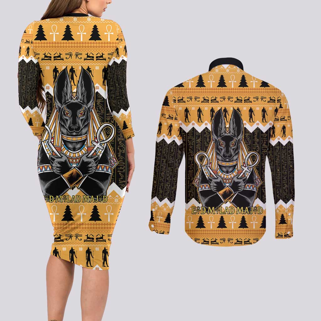 Ancient Egyptian Christmas Couples Matching Long Sleeve Bodycon Dress and Long Sleeve Button Shirt Anubis Eid Milad Majid - Wonder Print Shop