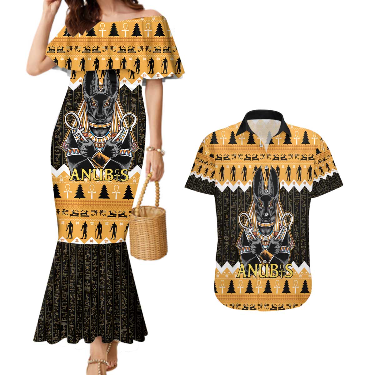 Ancient Egyptian Christmas Couples Matching Mermaid Dress and Hawaiian Shirt Anubis Eid Milad Majid - Wonder Print Shop