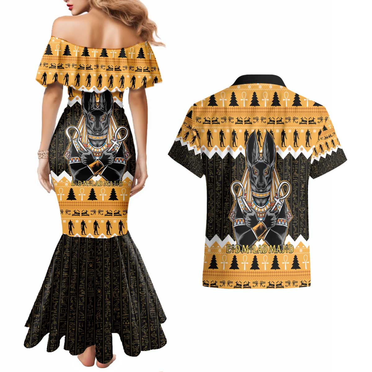 Ancient Egyptian Christmas Couples Matching Mermaid Dress and Hawaiian Shirt Anubis Eid Milad Majid - Wonder Print Shop