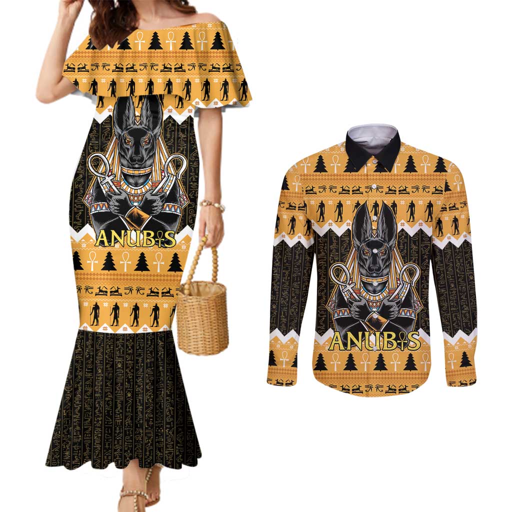 Ancient Egyptian Christmas Couples Matching Mermaid Dress and Long Sleeve Button Shirt Anubis Eid Milad Majid