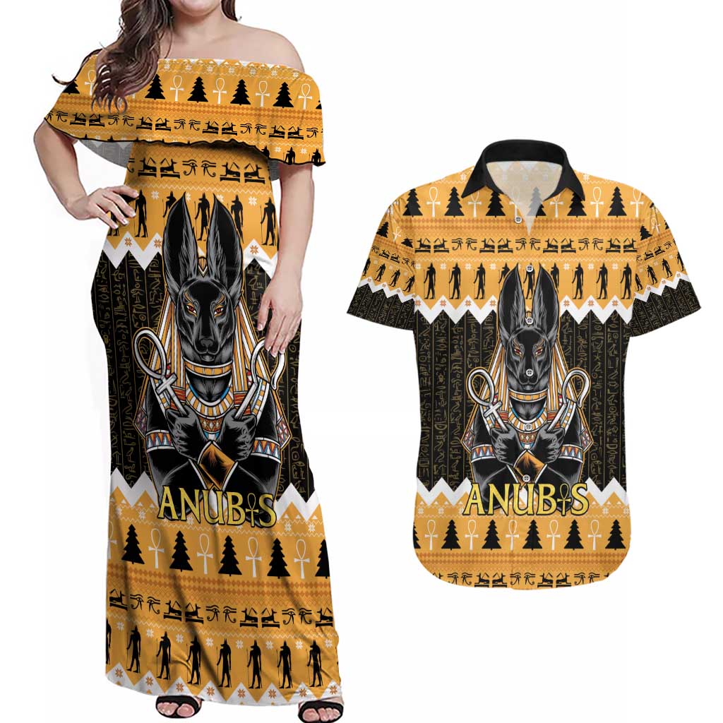 Ancient Egyptian Christmas Couples Matching Off Shoulder Maxi Dress and Hawaiian Shirt Anubis Eid Milad Majid - Wonder Print Shop