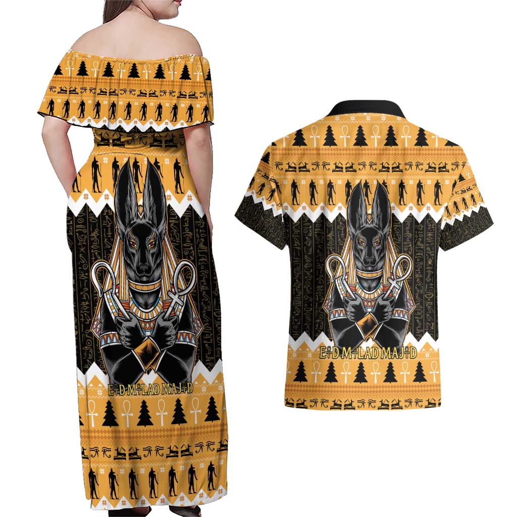 Ancient Egyptian Christmas Couples Matching Off Shoulder Maxi Dress and Hawaiian Shirt Anubis Eid Milad Majid - Wonder Print Shop