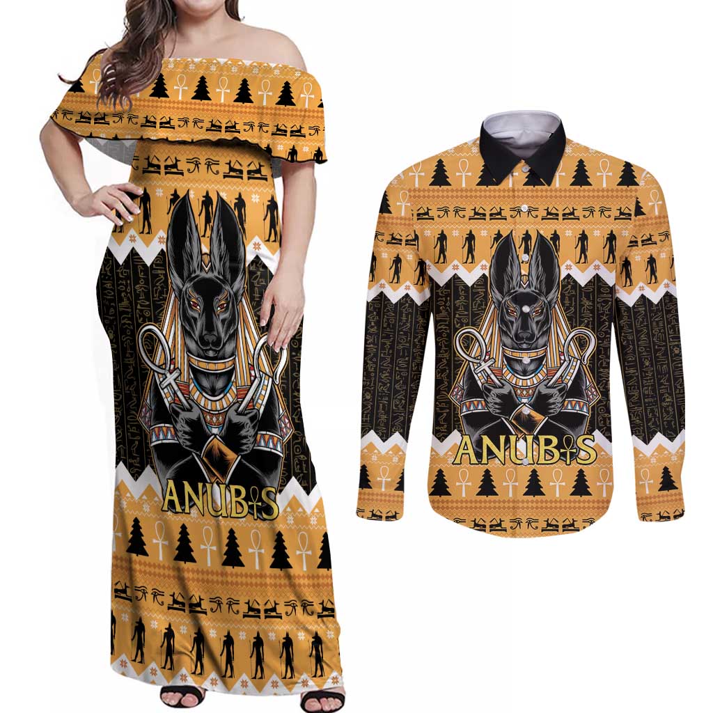 Ancient Egyptian Christmas Couples Matching Off Shoulder Maxi Dress and Long Sleeve Button Shirt Anubis Eid Milad Majid - Wonder Print Shop
