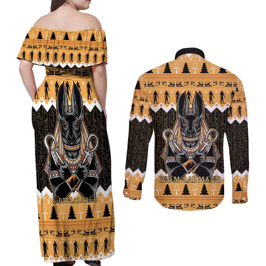 Ancient Egyptian Christmas Couples Matching Off Shoulder Maxi Dress and Long Sleeve Button Shirt Anubis Eid Milad Majid - Wonder Print Shop