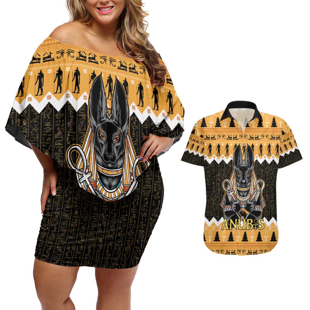 Ancient Egyptian Christmas Couples Matching Off Shoulder Short Dress and Hawaiian Shirt Anubis Eid Milad Majid - Wonder Print Shop
