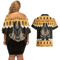 Ancient Egyptian Christmas Couples Matching Off Shoulder Short Dress and Hawaiian Shirt Anubis Eid Milad Majid - Wonder Print Shop