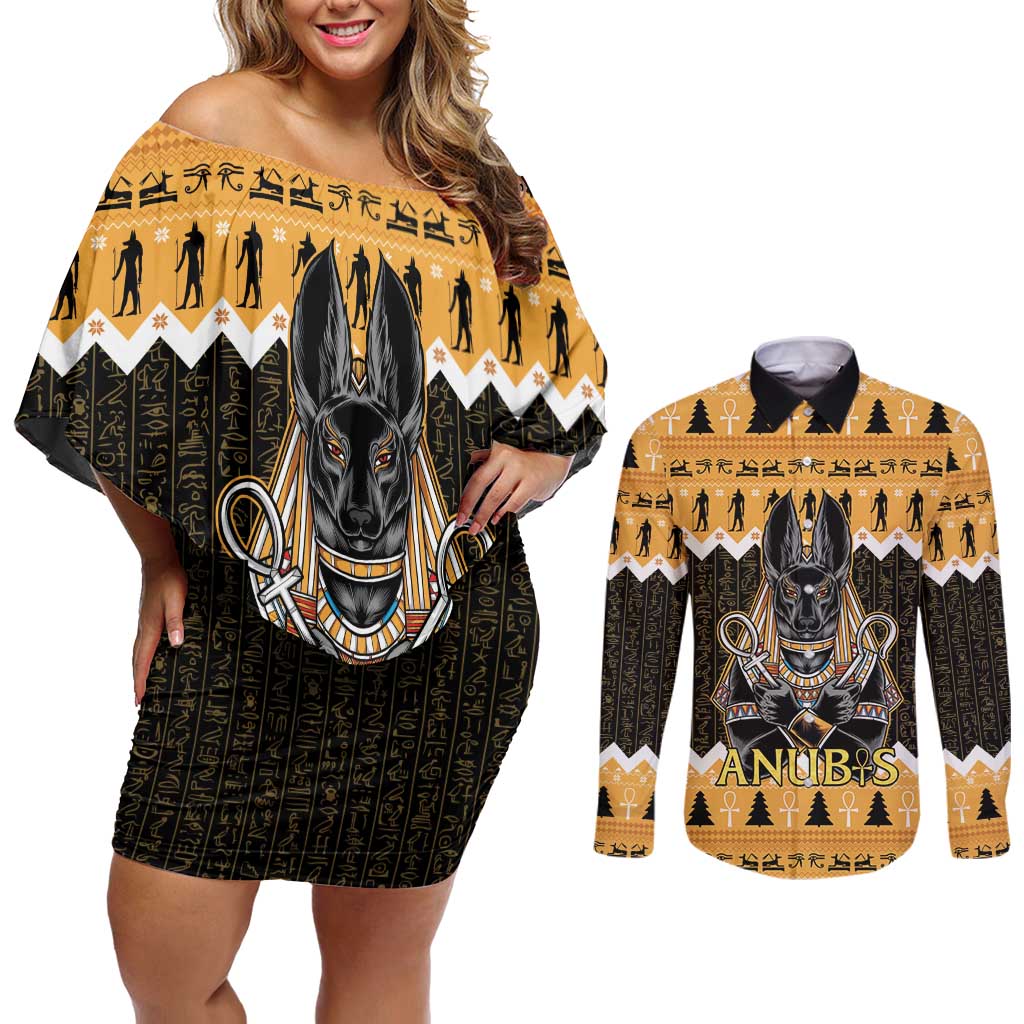 Ancient Egyptian Christmas Couples Matching Off Shoulder Short Dress and Long Sleeve Button Shirt Anubis Eid Milad Majid - Wonder Print Shop