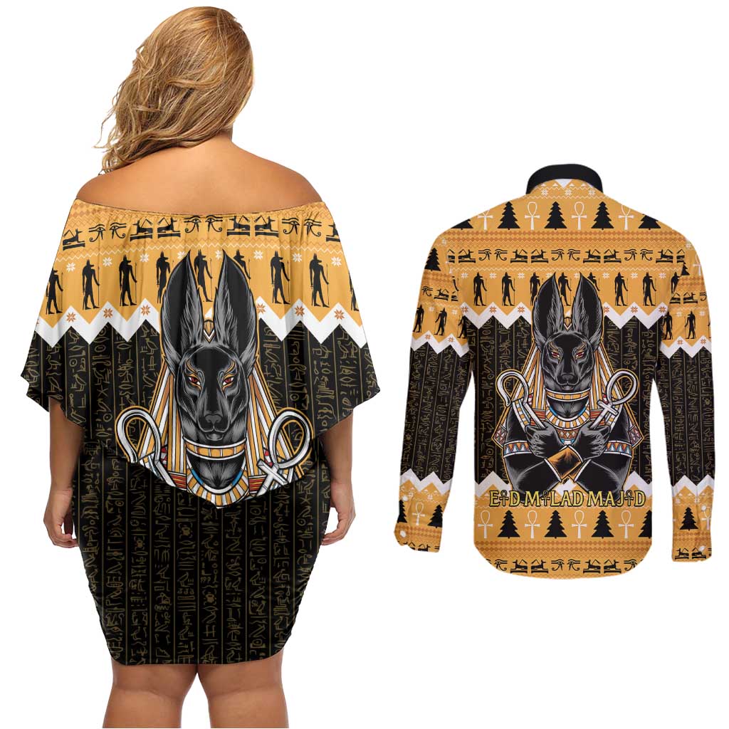 Ancient Egyptian Christmas Couples Matching Off Shoulder Short Dress and Long Sleeve Button Shirt Anubis Eid Milad Majid - Wonder Print Shop