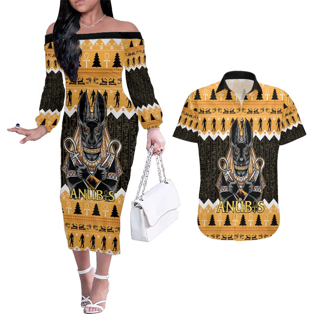 Ancient Egyptian Christmas Couples Matching Off The Shoulder Long Sleeve Dress and Hawaiian Shirt Anubis Eid Milad Majid - Wonder Print Shop