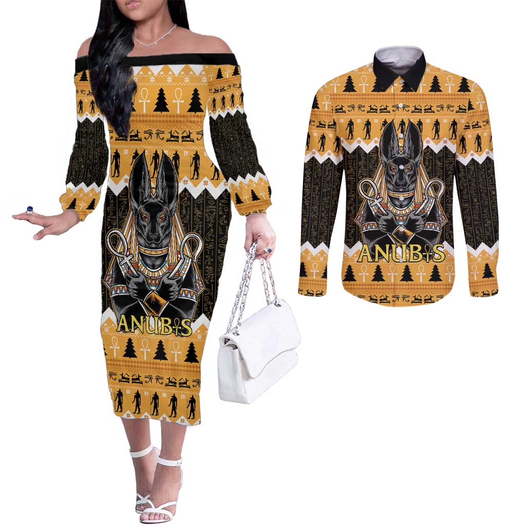 Ancient Egyptian Christmas Couples Matching Off The Shoulder Long Sleeve Dress and Long Sleeve Button Shirt Anubis Eid Milad Majid