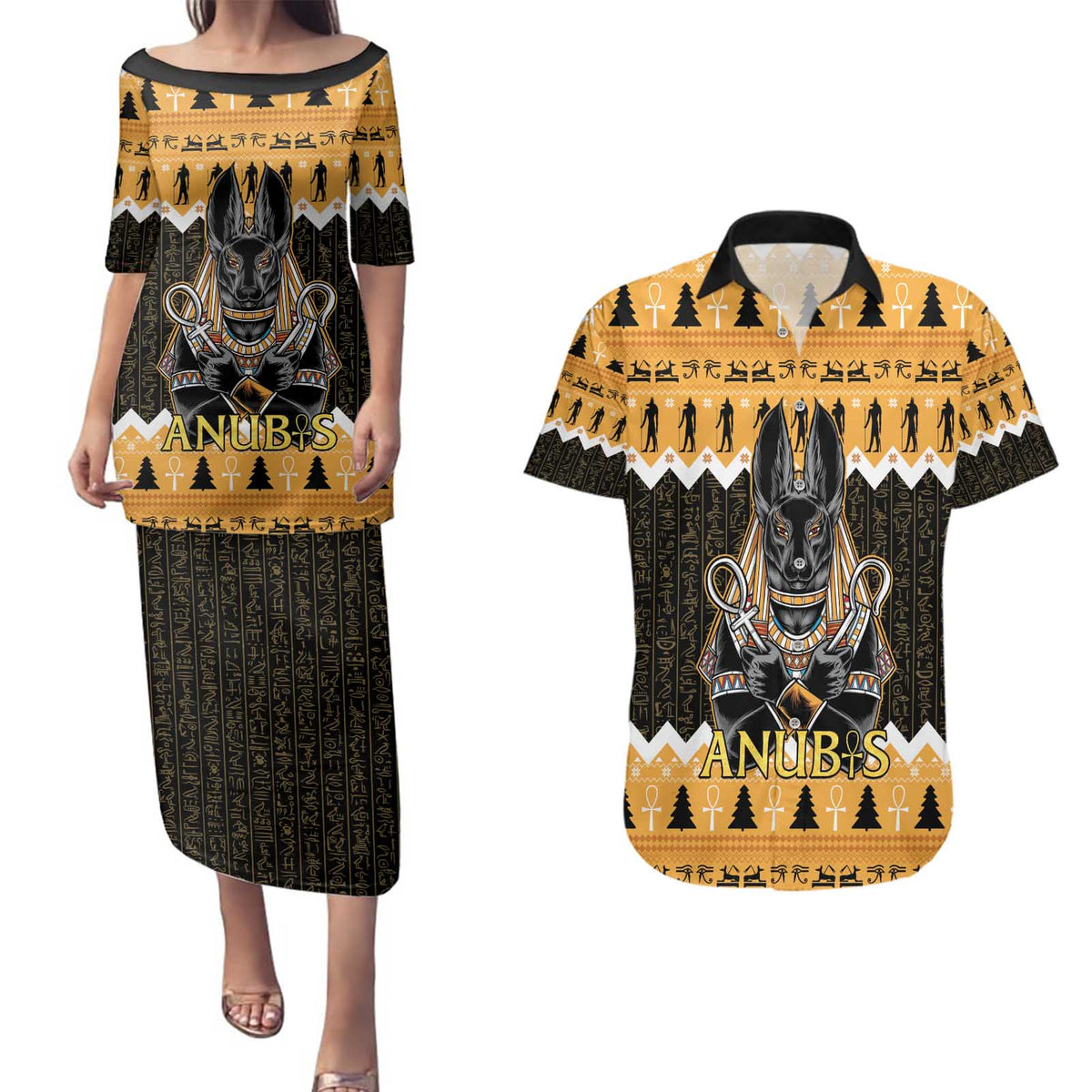 Ancient Egyptian Christmas Couples Matching Puletasi and Hawaiian Shirt Anubis Eid Milad Majid - Wonder Print Shop