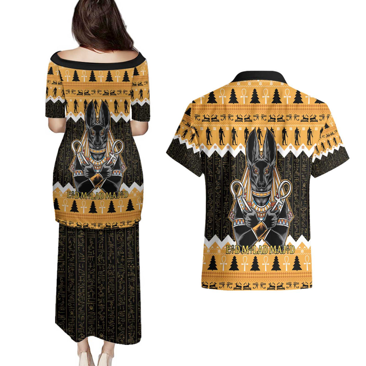 Ancient Egyptian Christmas Couples Matching Puletasi and Hawaiian Shirt Anubis Eid Milad Majid - Wonder Print Shop