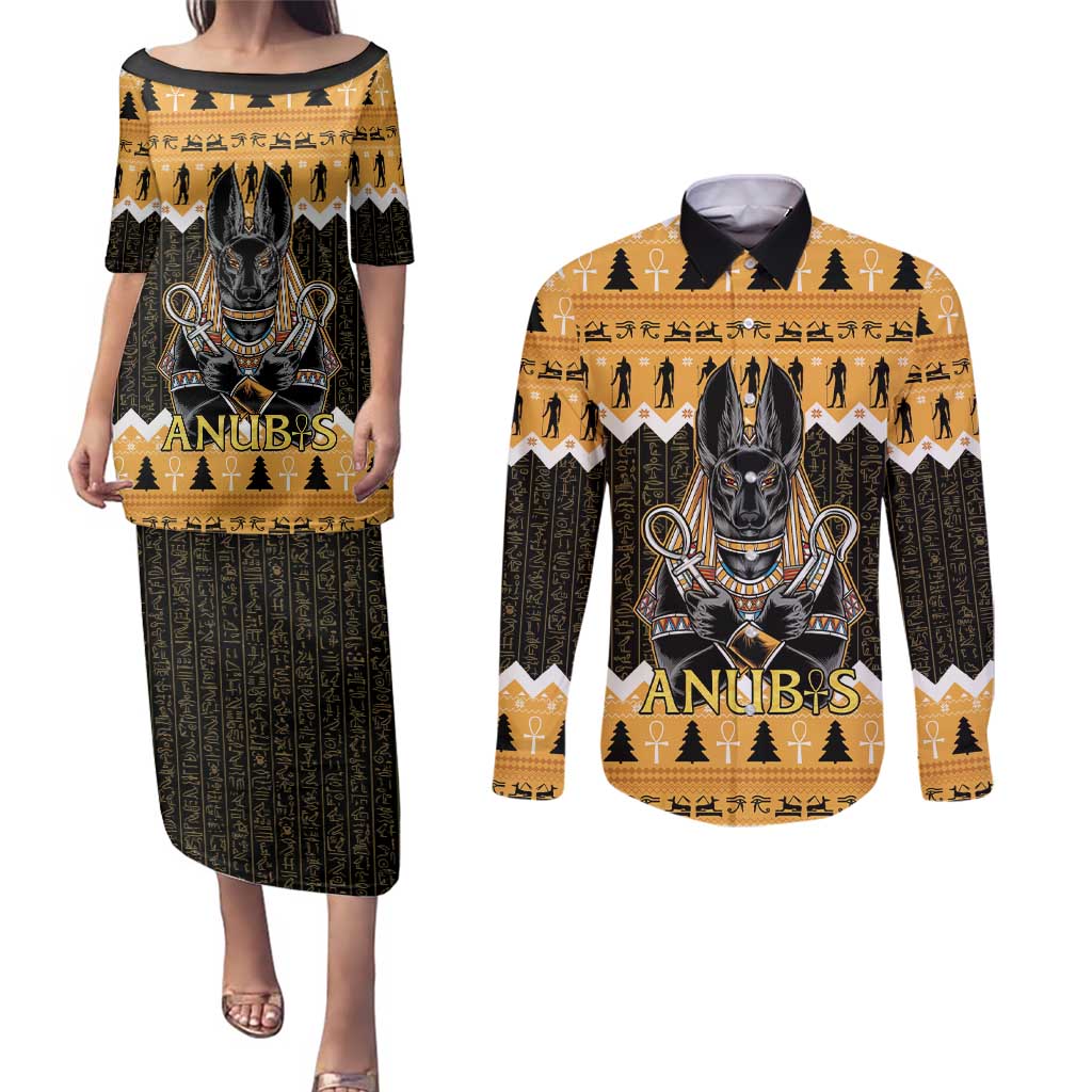 Ancient Egyptian Christmas Couples Matching Puletasi and Long Sleeve Button Shirt Anubis Eid Milad Majid - Wonder Print Shop