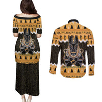 Ancient Egyptian Christmas Couples Matching Puletasi and Long Sleeve Button Shirt Anubis Eid Milad Majid - Wonder Print Shop