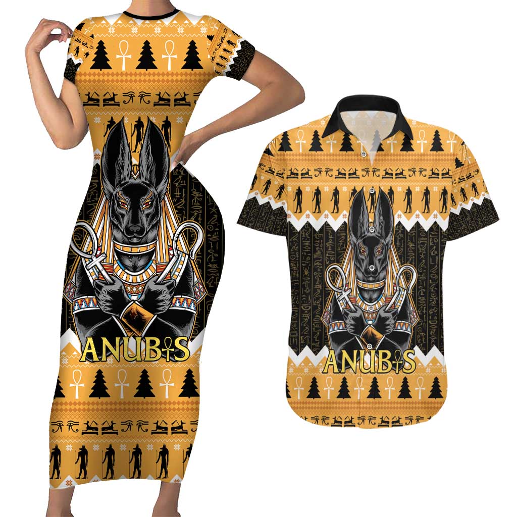 Ancient Egyptian Christmas Couples Matching Short Sleeve Bodycon Dress and Hawaiian Shirt Anubis Eid Milad Majid - Wonder Print Shop