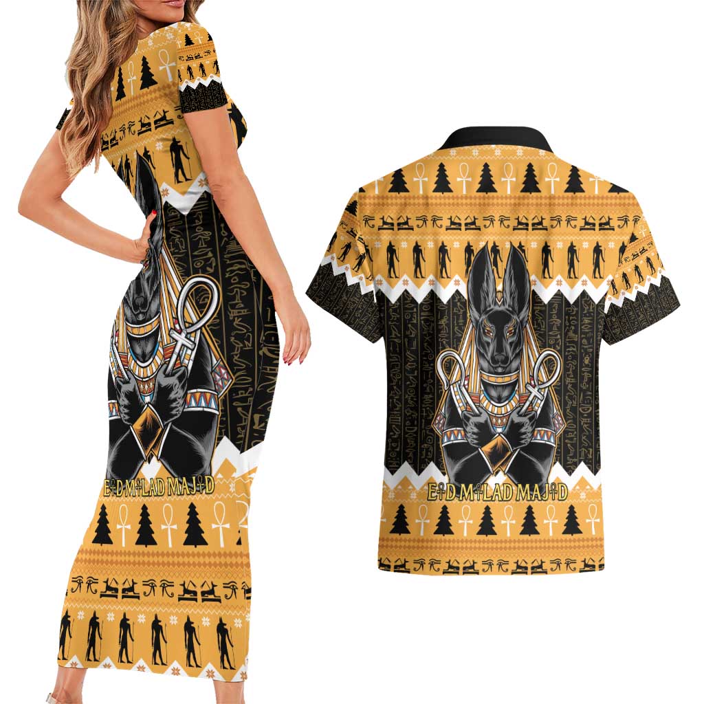 Ancient Egyptian Christmas Couples Matching Short Sleeve Bodycon Dress and Hawaiian Shirt Anubis Eid Milad Majid - Wonder Print Shop