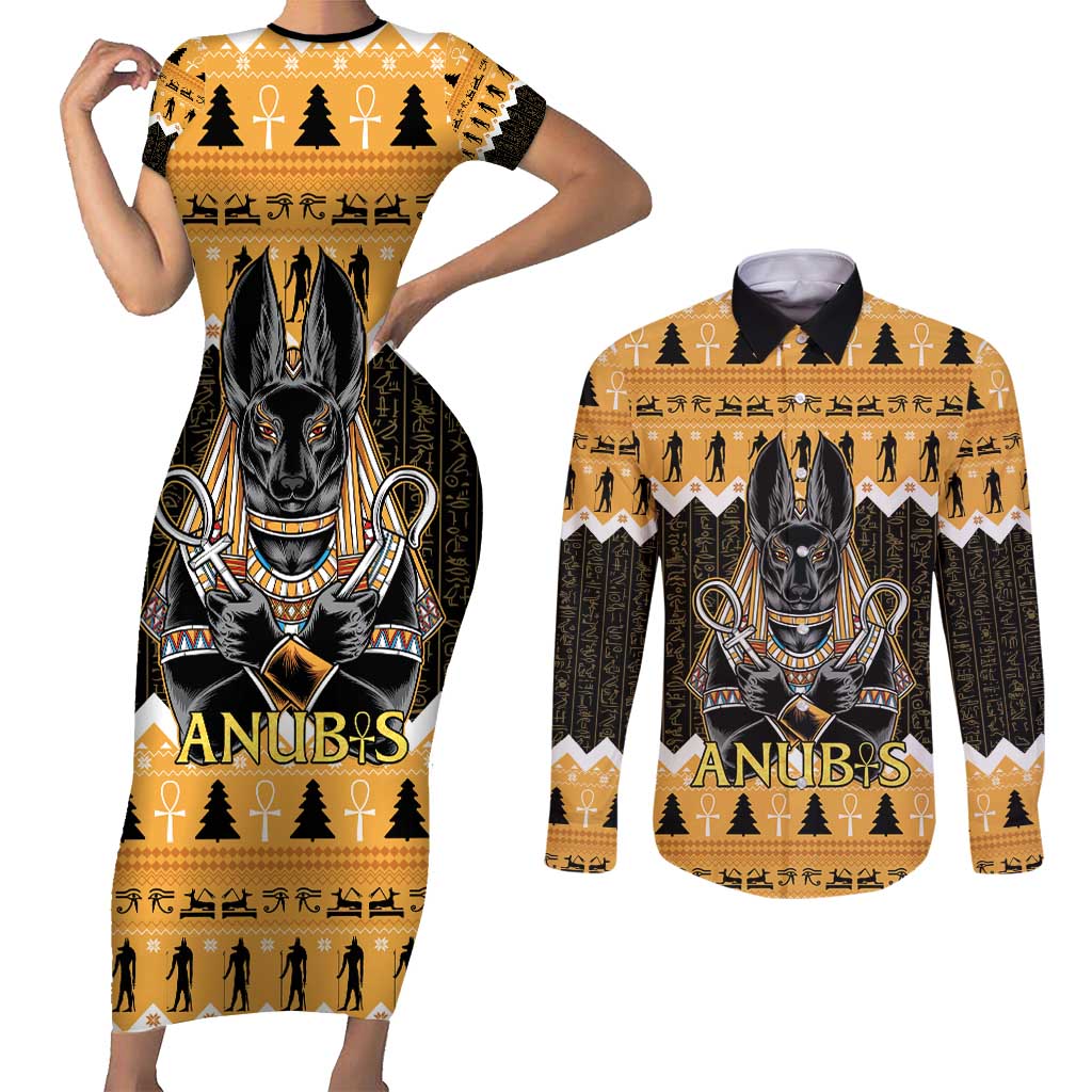 Ancient Egyptian Christmas Couples Matching Short Sleeve Bodycon Dress and Long Sleeve Button Shirt Anubis Eid Milad Majid - Wonder Print Shop