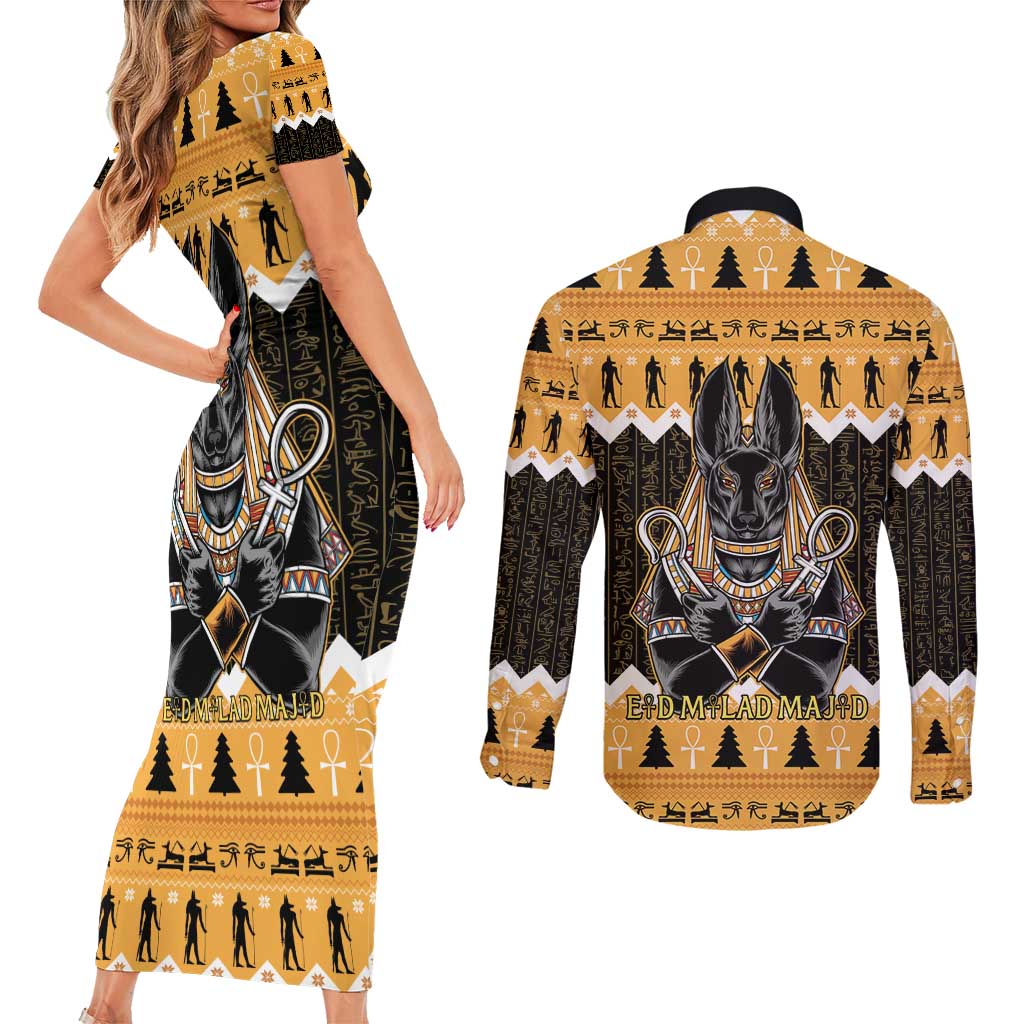 Ancient Egyptian Christmas Couples Matching Short Sleeve Bodycon Dress and Long Sleeve Button Shirt Anubis Eid Milad Majid - Wonder Print Shop